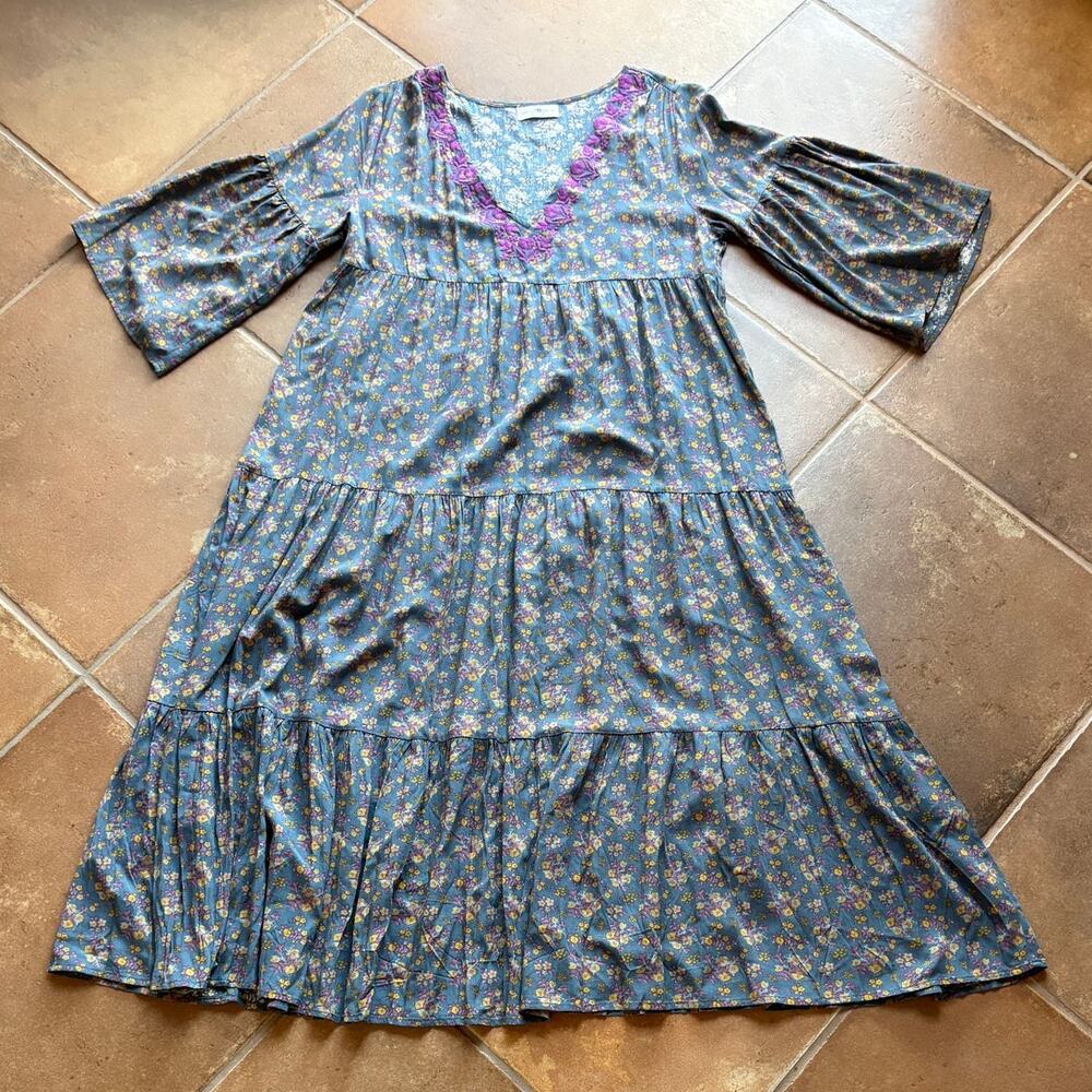 Natural Life Charlotte Long Cottage Boho Midi Dress Tiered - Embroidered size  L - Picture 10 of 12